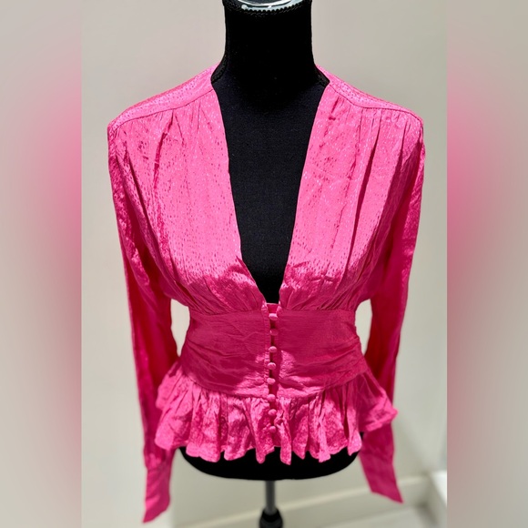 ROTATE Birgerchristensen Fushia long sleeve button v neck top - Picture 3 of 9